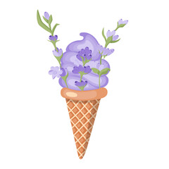 Lavender ice cream. Three balls of creamy sweet dessert in a waffle cone. Purple sorbet. Vector illustration isolated on white background.