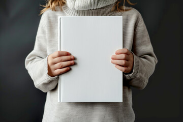 a child holding white book for mockup ,isolated background .AI generative