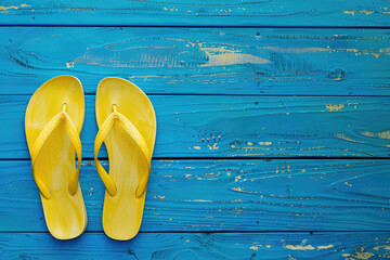 Yellow flip flops are placed on a blue wooden background, a colorful and summery image