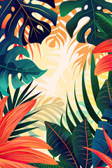 illustration depicts a summer sale banner with a background of tropical leaves.