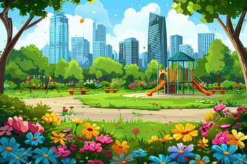 Obraz premium Urban Park: an urban park, with skyscrapers in the background, a playground or picnic area in the middle ground, and colorful flowers or benches in the foreground.
