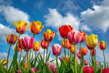 Vibrant Dutch tulips are showcased against a backdrop of a blue sky with white clouds, a picturesque and colorful scene.