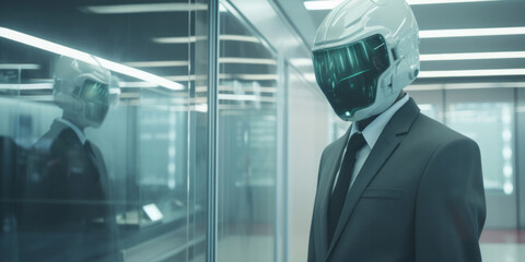 A person wearing a plastic mask and suit stands in front of a sanitary control room, their ethereal atmosphere and depictions of labor apparent.
