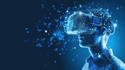 VR headset holographic low poly wireframe vector banner. Polygonal man wearing virtual reality glasses, helmet. VR games playing. Particles, dots, lines, triangles on blue background.  - obrazy, fototapety, plakaty