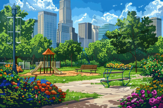 Urban Park: an urban park, with skyscrapers in the background, a playground or picnic area in the middle ground, and colorful flowers or benches in the foreground.