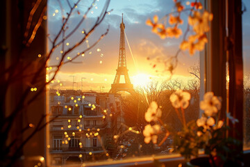 a view of the Eiffel tower through covered window with a street light in the background.