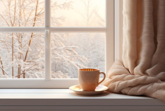 A winter window with a cup of coffee in the window presents a calming, and horizons in light orange and light maroon.