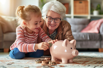 Grandmother and Grandchild Enjoying Savings Education, Family Finance Fun