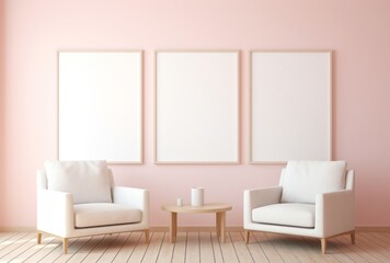 Two chairs with an empty canvas picture frame sit in a room, their minimalist precision, subtle lighting, and subtle playfulness apparent in light pink and light beige.