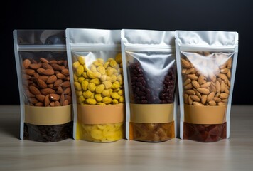 Four colorful plastic bags filled with nuts are rounded, reflecting gravure printing, kimoicore, and organic material in light beige and dark amber.