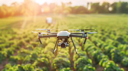 Drone fly to spray fertilizer over agricultural field, use modern technology in smart farm.