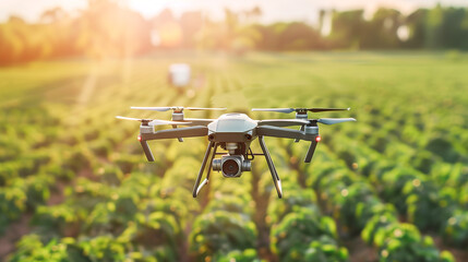 Drone fly to spray fertilizer over agricultural field, use modern technology in smart farm.