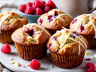 Raspberry white chocolate muffins on a marble countertop, with a cozy backdrop.