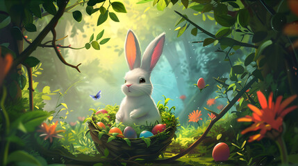 Easter bunny with basket and Easter eggs against in the forest