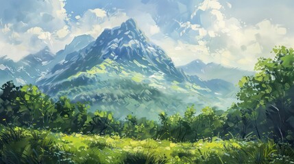 Fototapeta premium Oil painting depicting a majestic mountain in a mysterious green landscape under a sunny sky for wall art