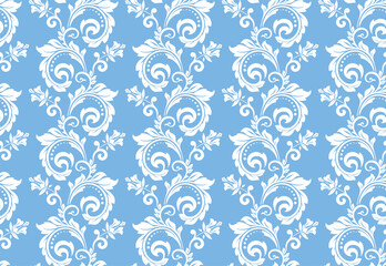 Floral pattern. Vintage wallpaper in the Baroque style. Seamless vector background. White and blue ornament for fabric, wallpaper, packaging. Ornate Damask flower ornament