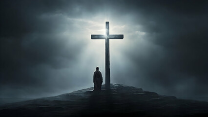 The cross stands resolute, a guiding light for the devout soul kneeling in the shadowy, mist-filled expanse.