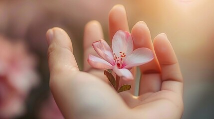 Delicate Touch,Close-up shot of the woman's hand delicately holding a flower, with the soft petals gently cradled between her fingers, generative AI