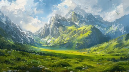 Fototapeta premium An oil painting depicting a grand mountain in a mystical green scenery under a clear sky.