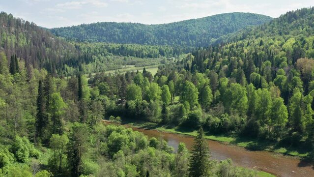 Southern Urals, Kultamak tourist base by the Zilim River. Aerial view.