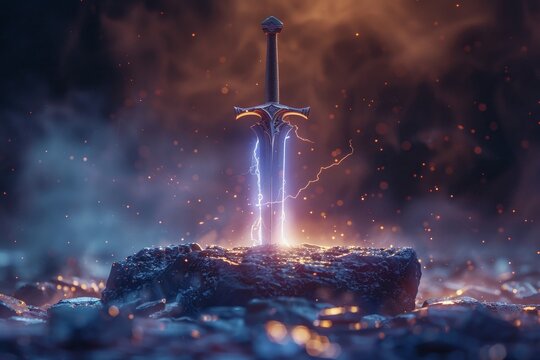 Thunderous aura surrounds a mythical sword in stone silent yet calling for its rightful king