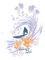 Vector illustration of surfer silhouette on wave with coconut trees and tropical flowers.