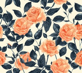 Seamless pattern of peach roses with black leaves