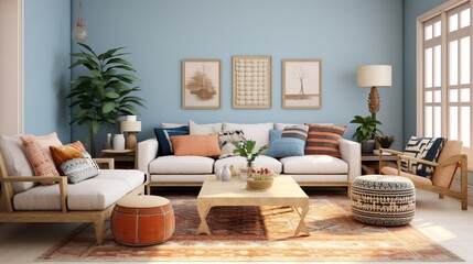 Interior design of modern trendy living room with elegant color palette  - obrazy, fototapety, plakaty
