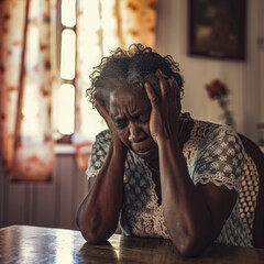 lifestyle photo Unhappy old woman sit at table at home cry feeling depressed sad suffer from life or health problems. Upset lonely mature female distressed with loneliness solitude, mourn yearn at