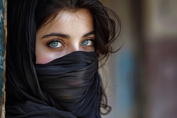 Arab girl wearing black shawl covering her face