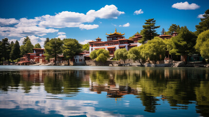 Fototapeta na wymiar Norbulingka Unveiled: A Vibrant Glimpse into the Summer Palace's Reflected Grandeur