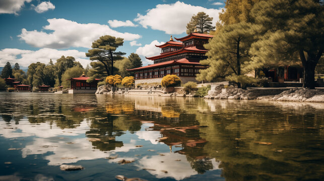 Mirrored Serenity: Norbulingka's Splendor Reflected in Tranquil Waters
