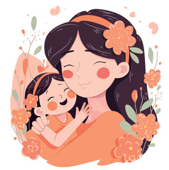 Warm and affectionate illustration of a mother hugging her child surrounded by floral elements.