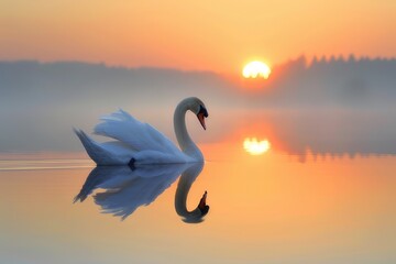 Fototapeta premium The majesty of a graceful swan gliding across a lake at sunrise.