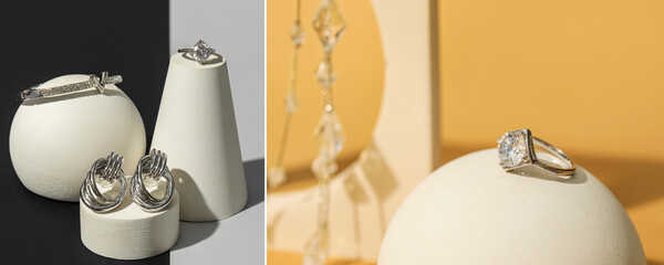 Fototapeta premium Collage of stylish silver jewelry with diamonds on showcases