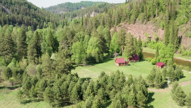 Southern Urals, Kultamak tourist base by the Zilim River. Aerial view.