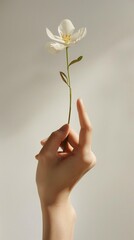 Symbol of Beauty, woman's hand holding a single flower in a dynamic composition that conveys the symbolism and significance of the gesture, generative AI