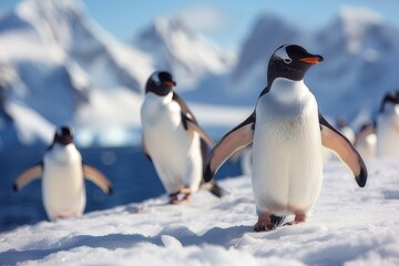 Fototapeta premium A group of penguins gather on the snowy Antarctic coast.