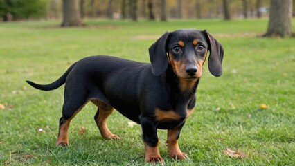 Black and tan smooth haired dachshund dog in the park