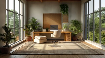 Cozy office interior background, wall mockup, 3d render. Stylish office interior. Decor concept. Real estate concept. Art concept. Design concept. Office concept - obrazy, fototapety, plakaty