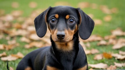 Black and tan smooth haired dachshund dog in the park