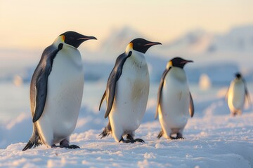 A group of penguins gather on the snowy Antarctic coast.