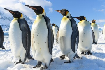 Fototapeta premium A group of penguins gather on the snowy Antarctic coast.