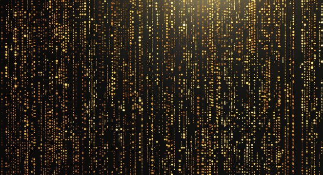Abstract digital gold pattern with golden binary numbers on a black background, featuring tech-inspired design elements and pixelated lines