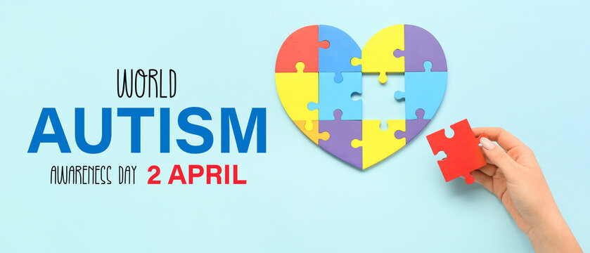 Woman and heart made of puzzle pieces on blue background. Concept of autistic disorder