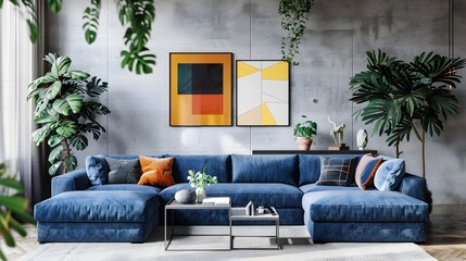Blue Velvet L-Shaped Sofa in Industrial Living Room with Decorative Plants and Colorful Artwork - obrazy, fototapety, plakaty