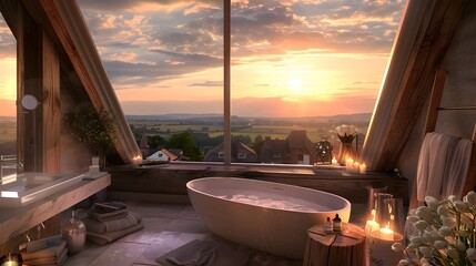 A Cozy Bathroom with an Elegant Freestanding Tub Overlooking a Serene Sunset Landscape in Northern Germany, Exuding Luxurious Comfort and Tranquility