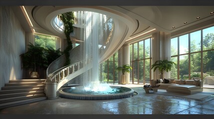 A Grand Mansion Interior with a Majestic Marble Waterfall and Spiral Staircase