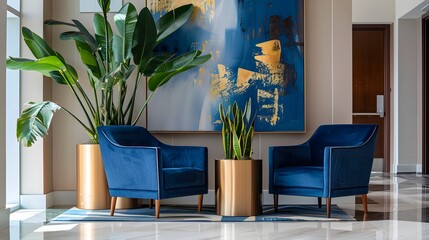 Abstract Blue Painting and Elegant Blue Chairs in Modern Hotel Lobby