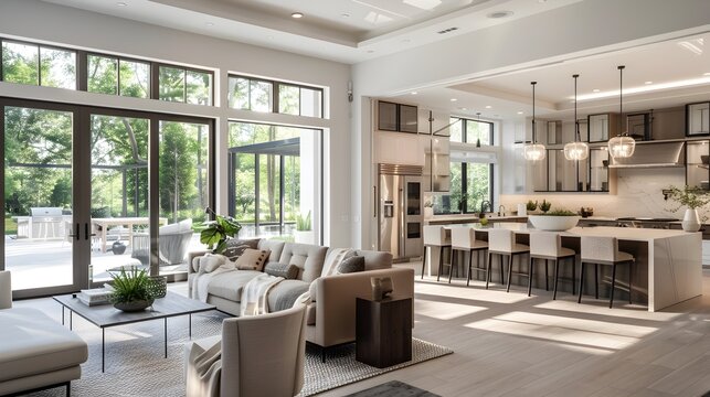 A Modern Farmhouse Living Space Open Concept Kitchen and Comfortable Seating Arrangement Basking in Natural Light and Serene Atmosphere